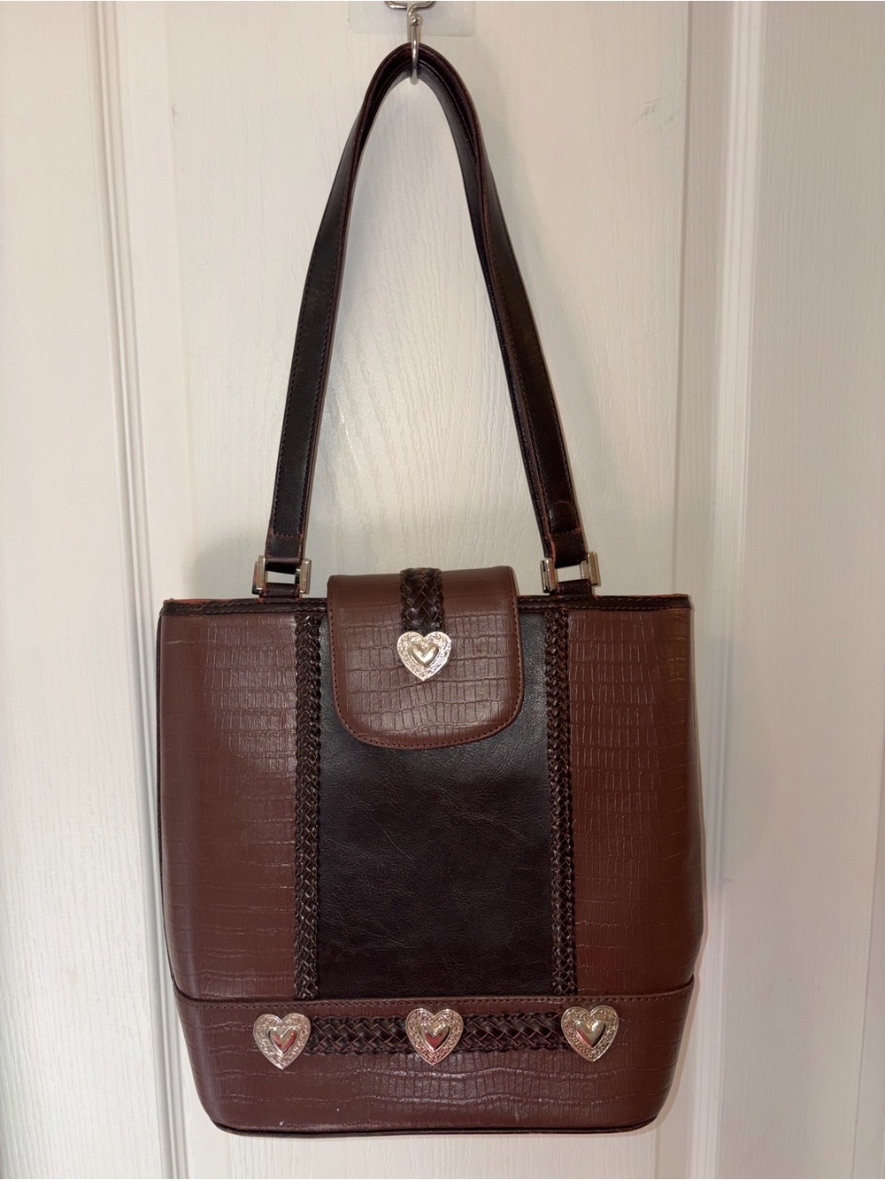 Vintage 90s Brighton Two Tone Brown Leather Croc Tote Bag Braided Heart Concho